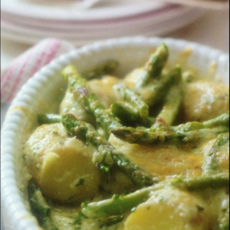 New Potatoes, asparagus and creamy Lancashire melt